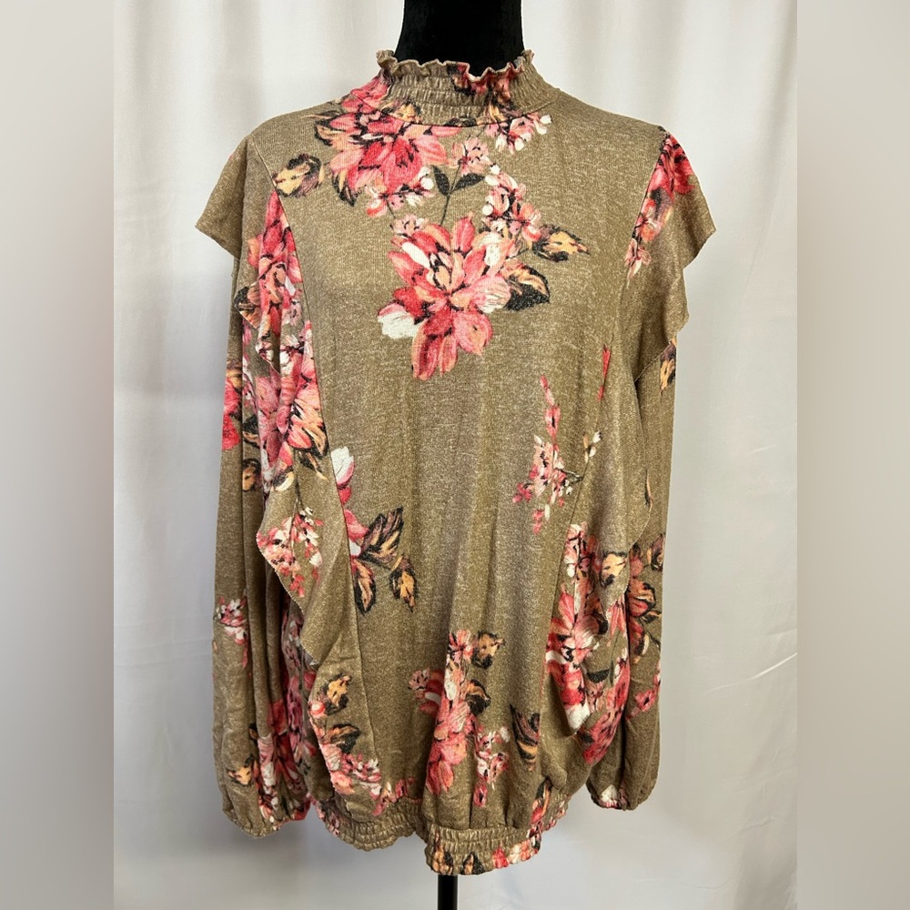 Maurices‎ Floral Crew Neck Sweater - Pink and Tan
